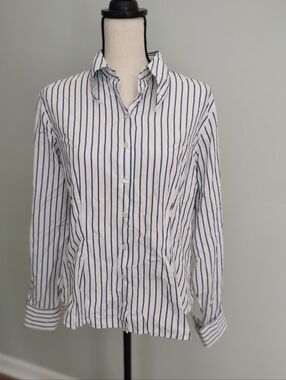 Anne Fontaine Cinched Stripe French Cuff Button Down Shirt Blue White XL